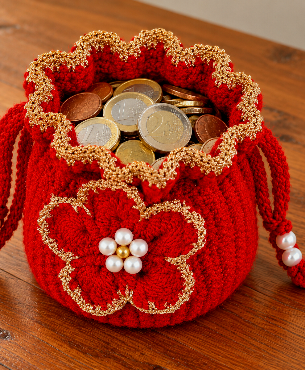 Handgehäkeltes Münztäschchen in Rot mit Blume