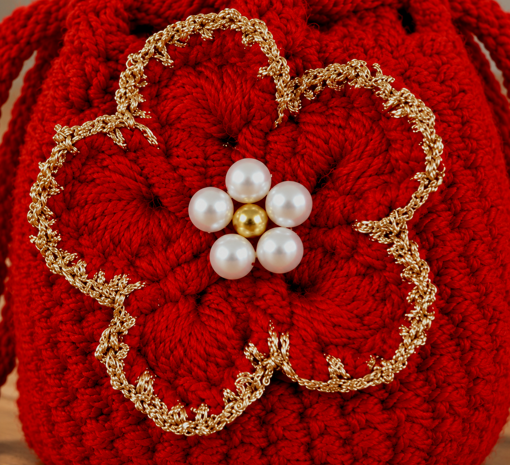 Handgehäkeltes Münztäschchen in Rot mit Blume
