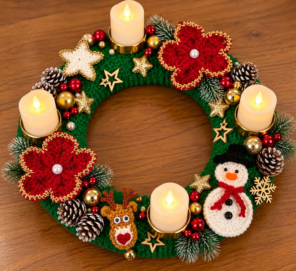 Handgefertigter Weihnachtskranz mit Häkel-Details